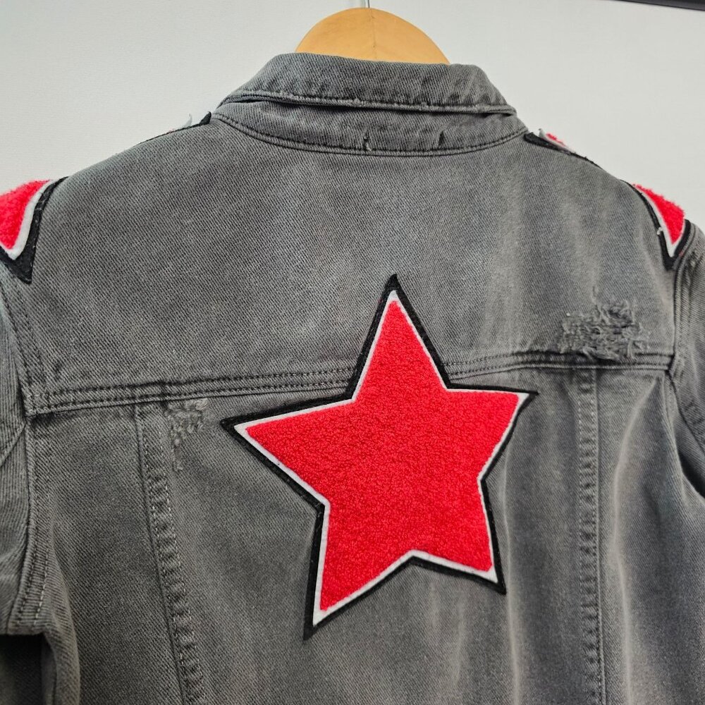Carmar LF Charcoal Gray Faded Black Denim Jacket Red Star Patches M Distressed - Picture 6 of 11